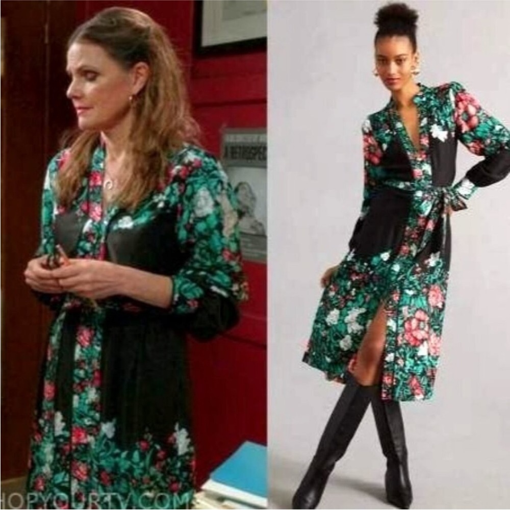 Anthropologie long sleeve midi floral black motif dress XS